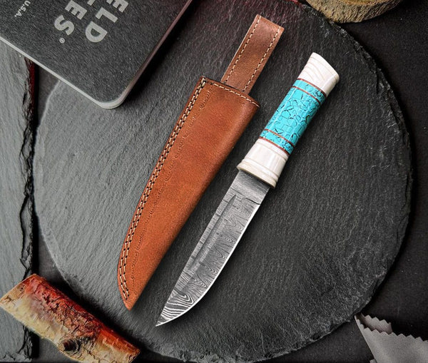 10 inch Handmade Damascus Steel Hunting Knife with Bone and Turquoise Resin Handle and Leather Sheath