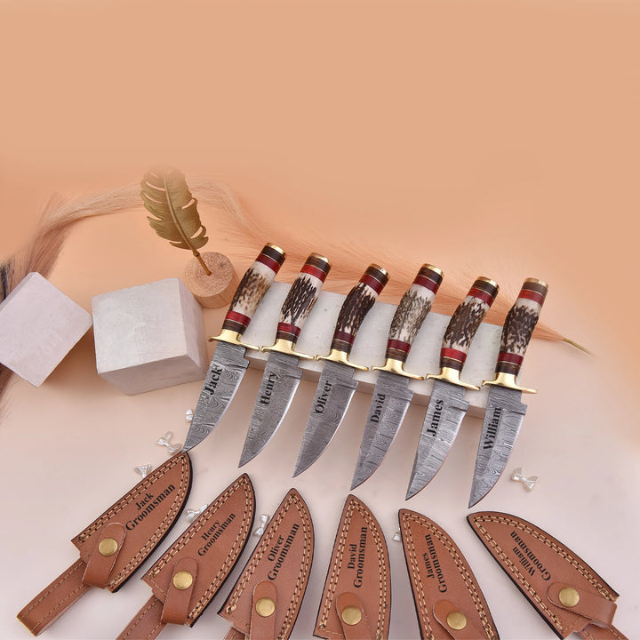 Handmade Damascus Steel Knife with Stag Handle and Leather Sheath
