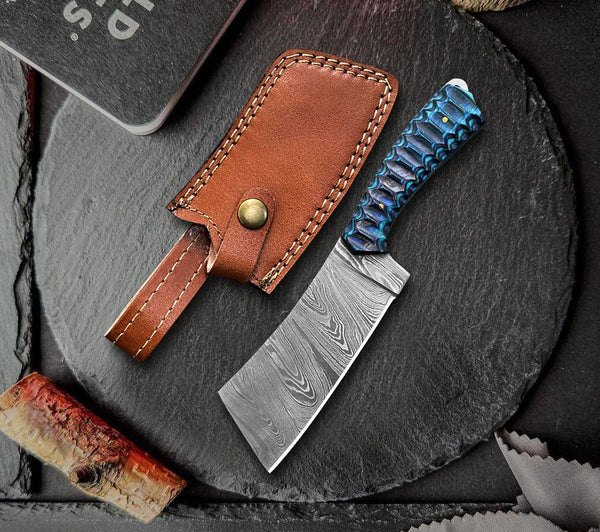 8.5 inch Handmade Damascus Steel Mini Cleaver Knife with Blue Pakkawood Handle and Leather Sheath