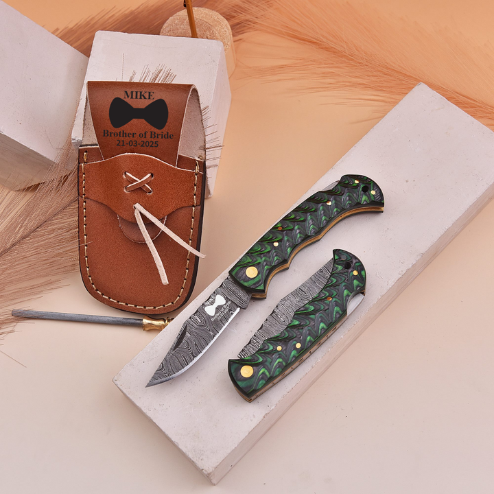 Personalized pocket knife with leather sheath and sharpener