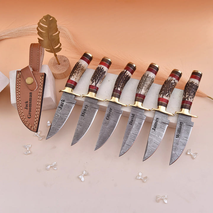 Handmade Damascus Steel Knife with Stag Handle and Leather Sheath