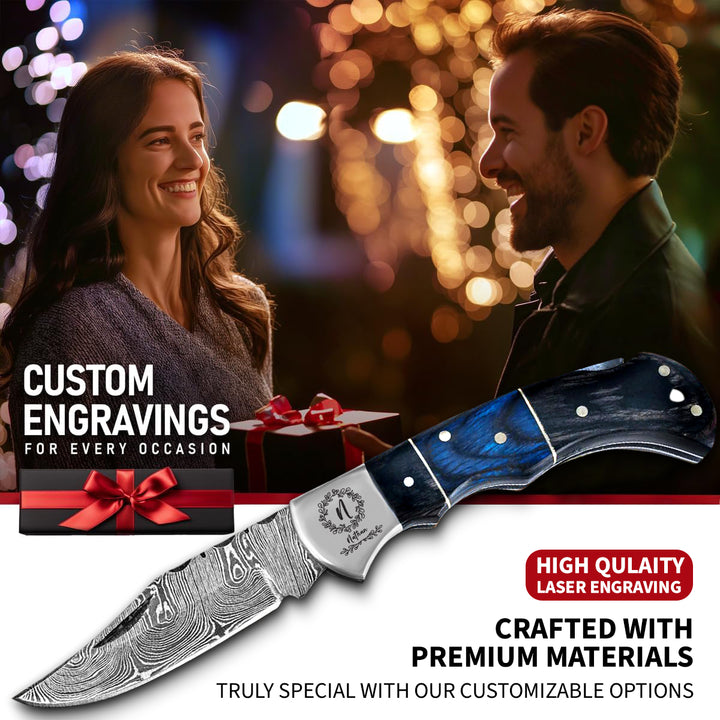 Personalized Damascus pocket knife with leather sheath
