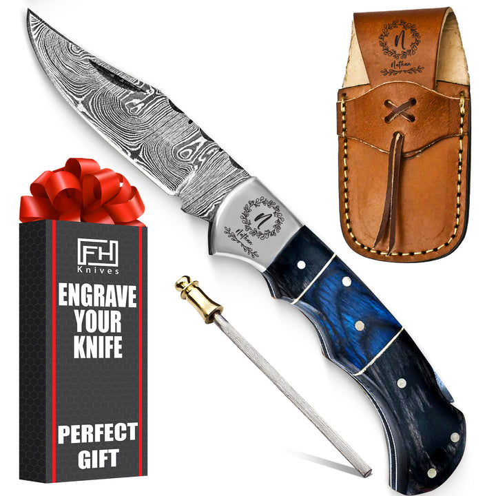 Personalized Damascus pocket knife with leather sheath