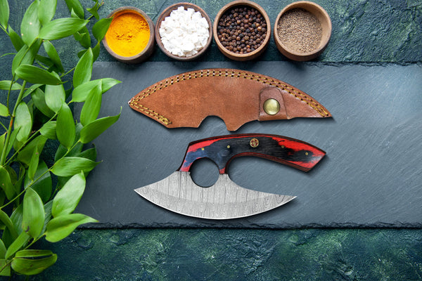 6-inch handmade Damascus steel Ulu knife with red Pakkawood handle and leather sheath – hunting and pizza cutter
