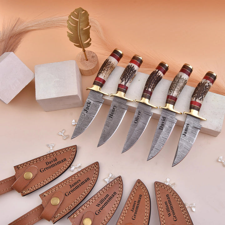 Handmade Damascus Steel Knife with Stag Handle and Leather Sheath