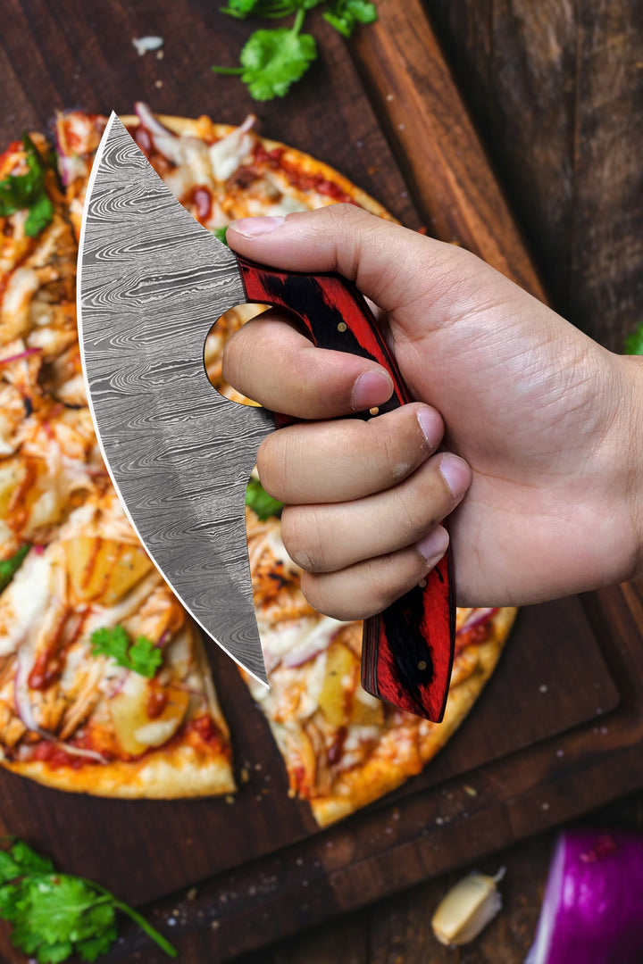 6-inch handmade Damascus steel Ulu knife with red Pakkawood handle and leather sheath – hunting and pizza cutter