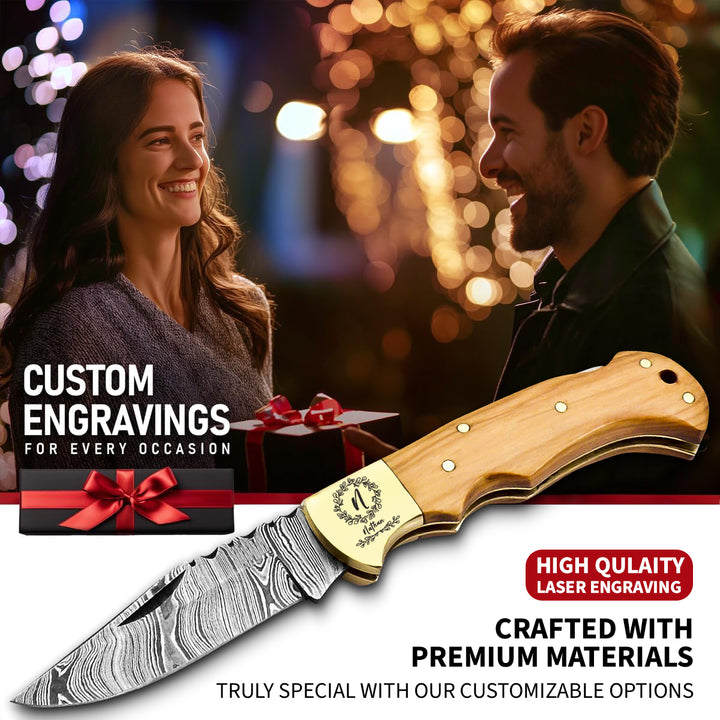 Engraved Damascus steel pocket knife with olive wood handle and leather sheath – nature-inspired gift for collectors or anniversaries