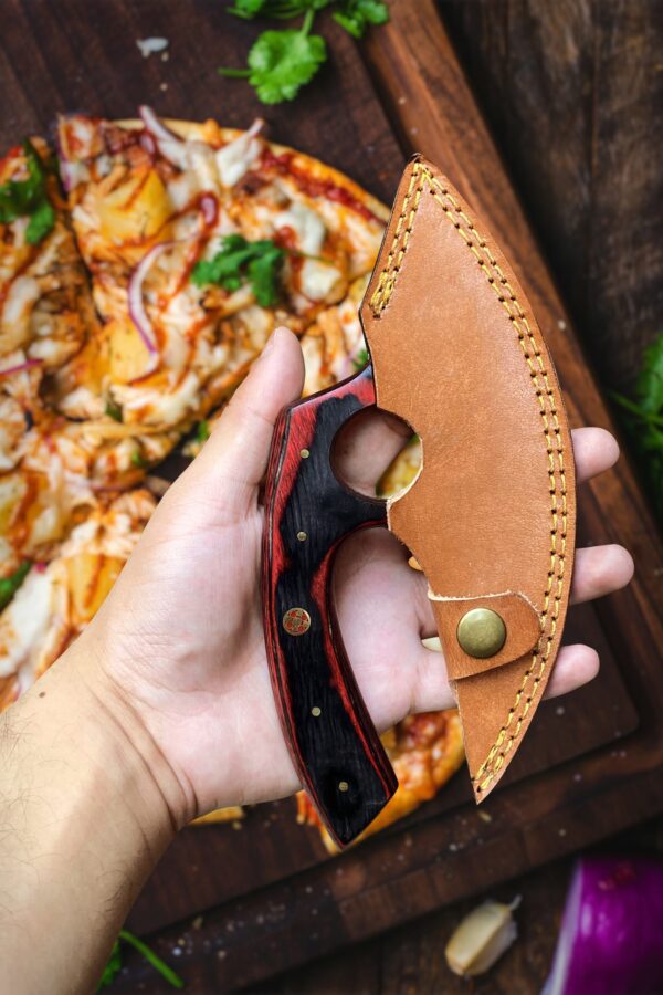 6-inch handmade Damascus steel Ulu knife with red Pakkawood handle and leather sheath – hunting and pizza cutter