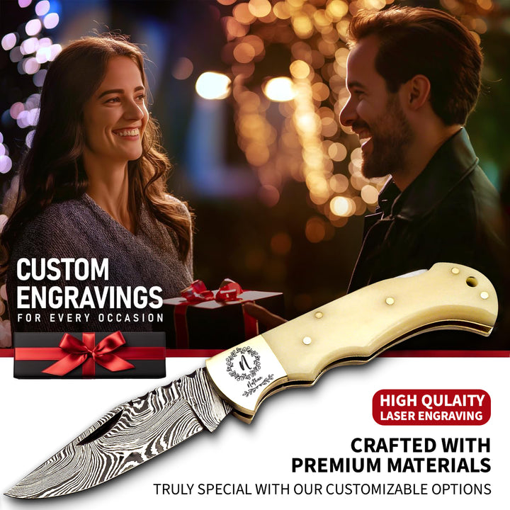 Handmade Damascus steel pocket knife with bone handle and leather sheath – engraved gift for graduation or promotion