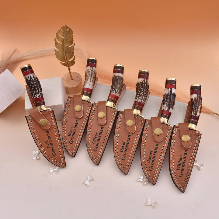 Handmade Damascus Steel Knife with Stag Handle and Leather Sheath