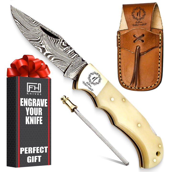 Handmade Damascus steel pocket knife with bone handle and leather sheath – engraved gift for graduation or promotion