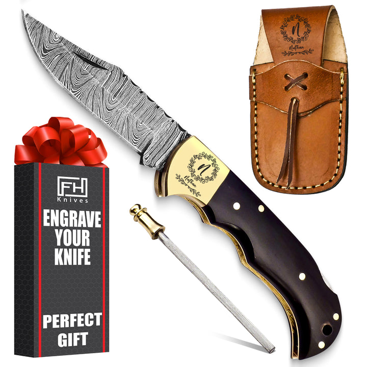 Engraved Damascus steel pocket knife with leather sheath – personalized Father’s Day gift or tribute to tradition