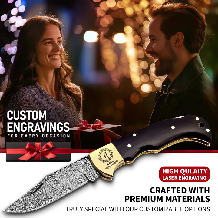 Engraved Damascus steel pocket knife with leather sheath – personalized Father’s Day gift or tribute to tradition