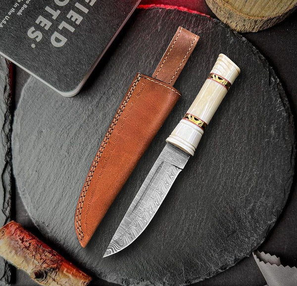 10 inch Handmade Damascus Steel Hunting Knife with Camel Bone Handle and Leather Sheath