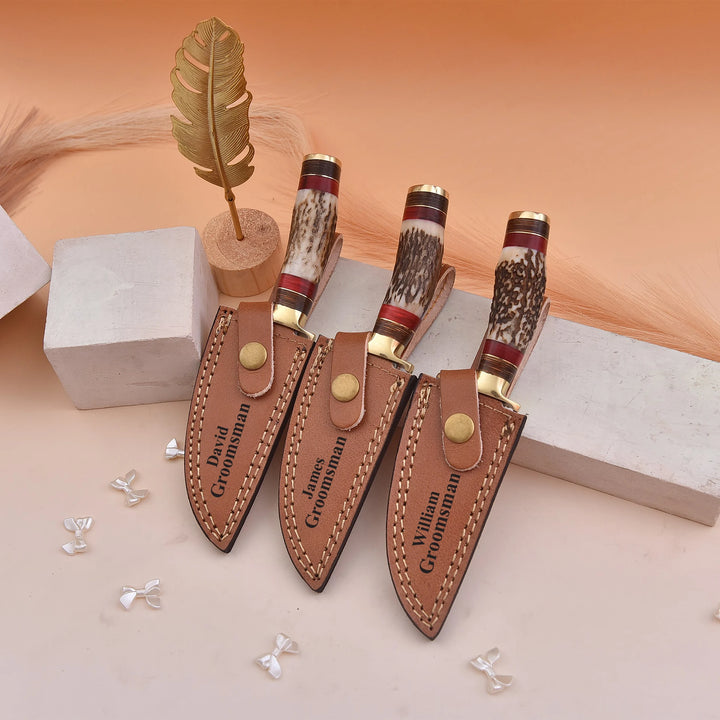 Handmade Damascus Steel Knife with Stag Handle and Leather Sheath