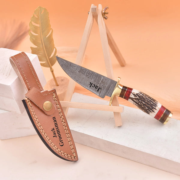 Handmade Damascus Steel Knife with Stag Handle and Leather Sheath