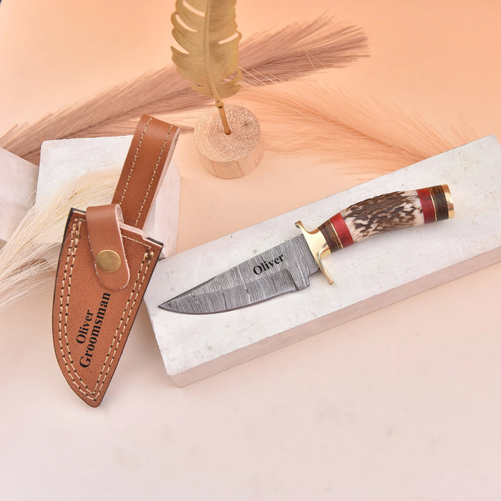 Handmade Damascus Steel Knife with Stag Handle and Leather Sheath