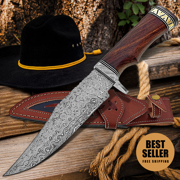 12 inch handmade Damascus steel Bowie knife with walnut wood handle and leather sheath