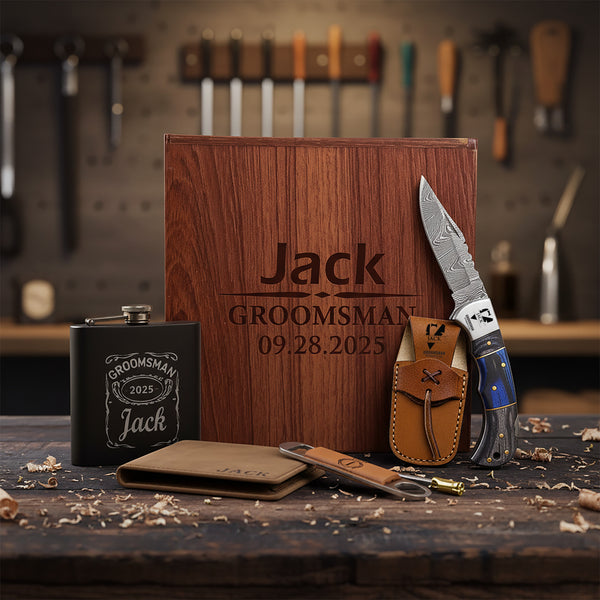 Blue Pakkawood Damascus Pocket Blade Groomsmen Proposal Box
