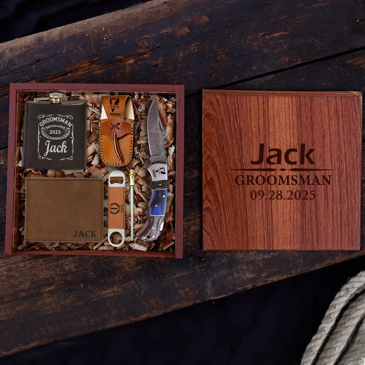 Blue Pakkawood Damascus Pocket Blade Groomsmen Proposal Box
