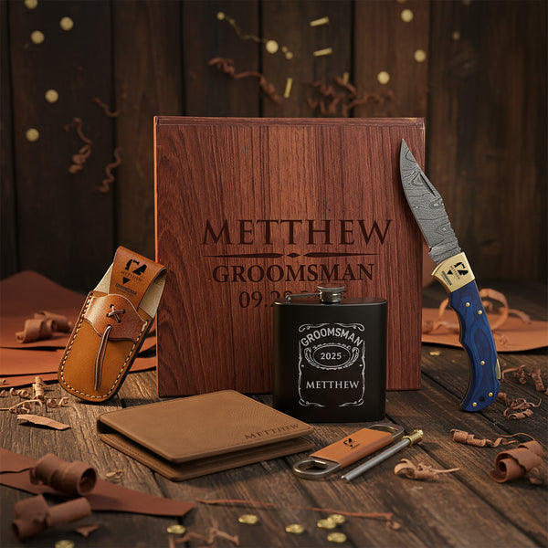Blue Pakkawood Damascus Pocket Blade Groomsmen Proposal Box