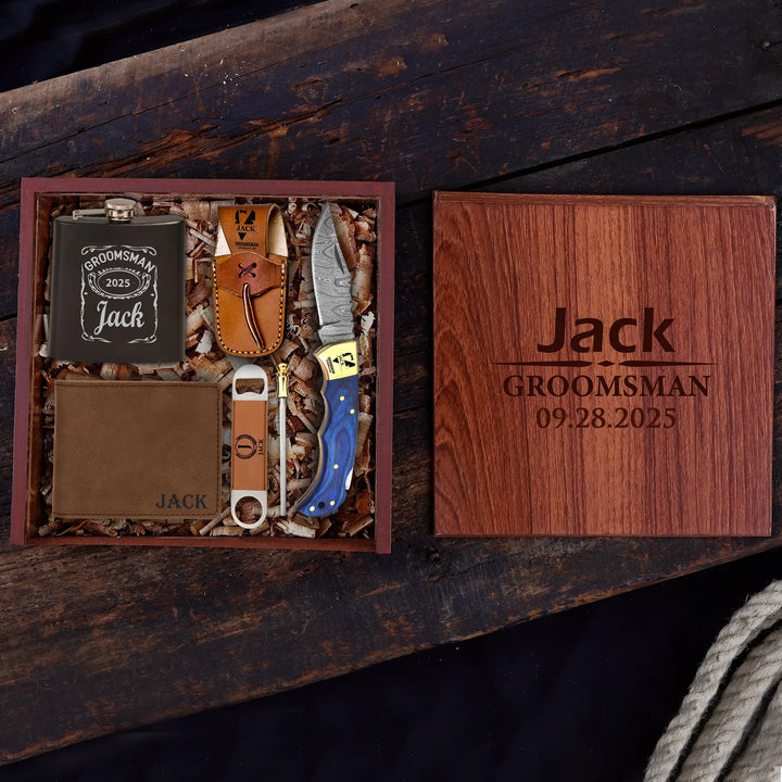 Blue Pakkawood Damascus Pocket Blade Groomsmen Proposal Box