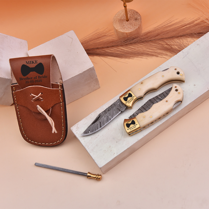 Handmade personalized Damascus knife with leather sheath