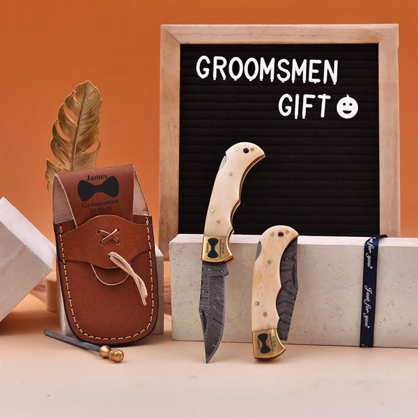 Handmade personalized Damascus knife with leather sheath