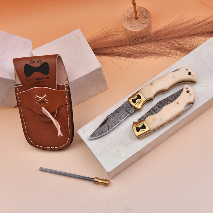 Handmade personalized Damascus knife with leather sheath