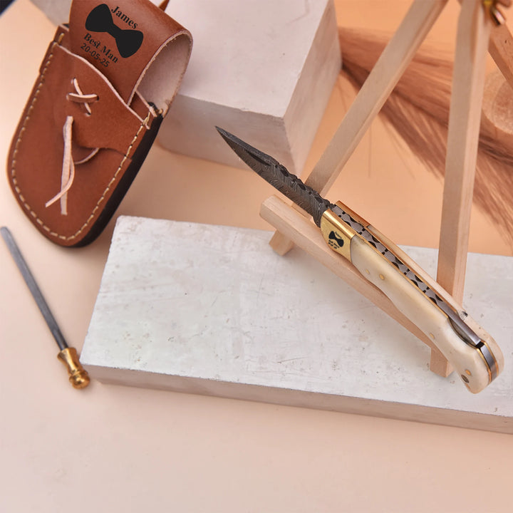 Handmade personalized Damascus knife with leather sheath