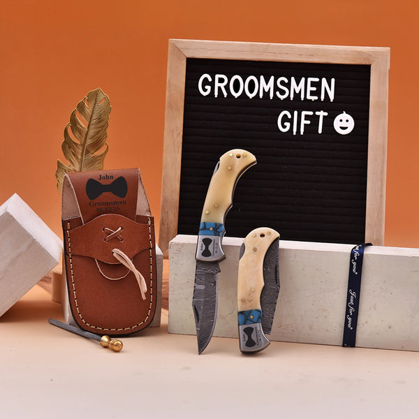 Custom engraved Damascus steel knife for groomsmen