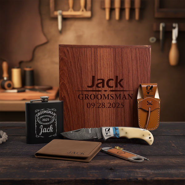 Camel Bone & Turquoise Damascus Pocket Blade Groomsmen Proposal Box