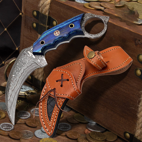 Handmade Damascus steel karambit knife with blue pakkawood handle and leather sheath – 7.5 inch