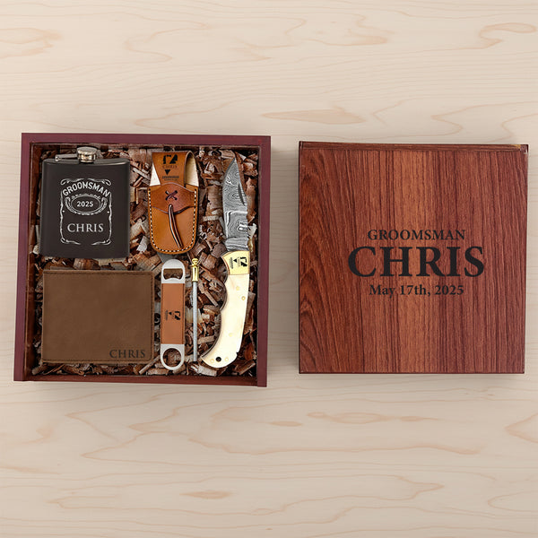 Bone Damascus Pocket Blade Groomsmen Proposal Box – Personalized Wedding Gift Set