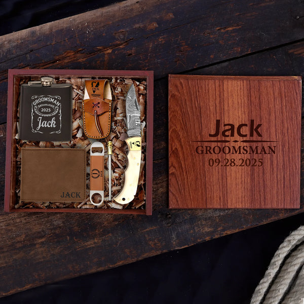 Bone Damascus Pocket Blade Groomsmen Proposal Box – Personalized Wedding Gift Set
