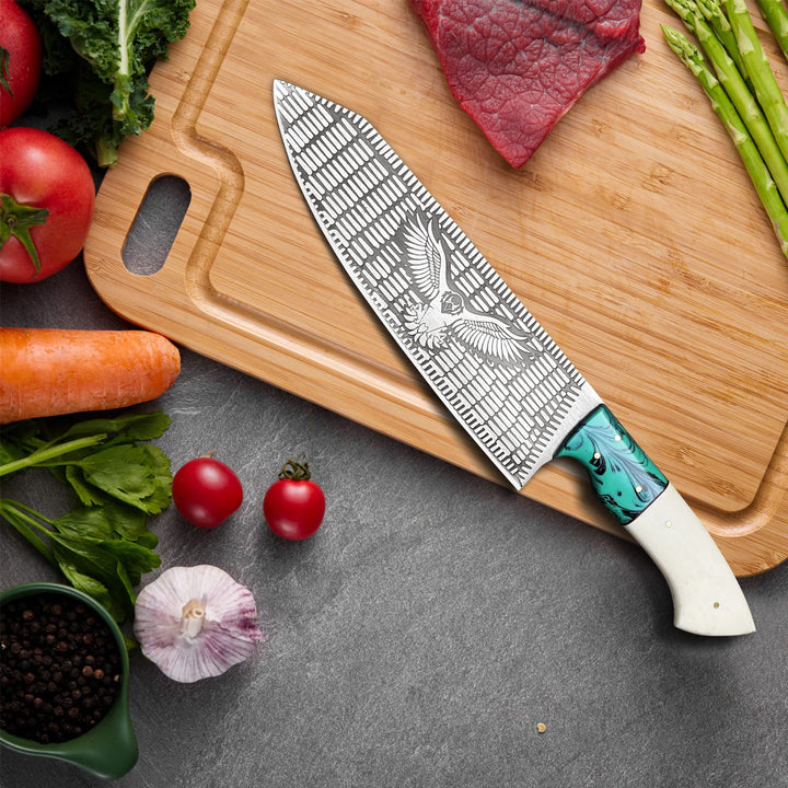 Stainless steel chef knife with eagle design, bone and resin handle, and leather sheath – 13 inches