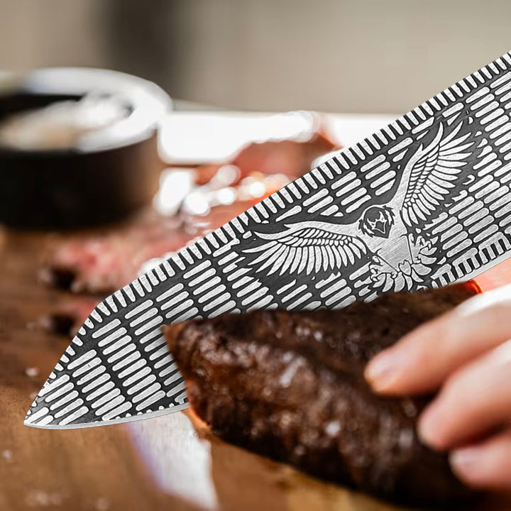 Stainless steel chef knife with eagle design, bone and resin handle, and leather sheath – 13 inches