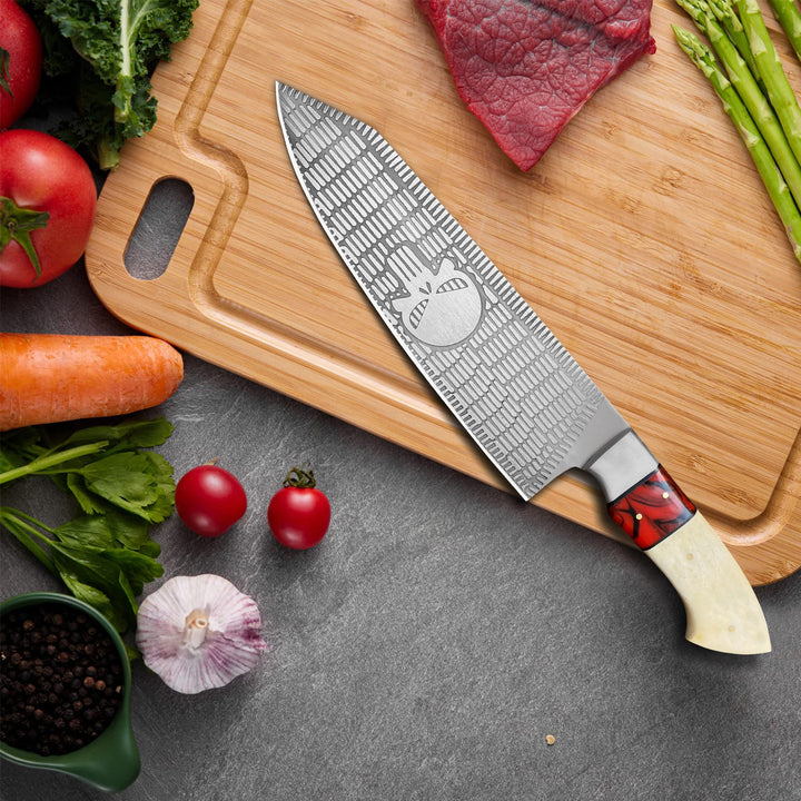 Stainless steel skull chef knife with bone and resin handle and leather sheath – 13 inch