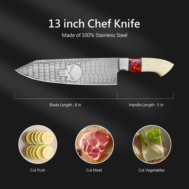 Stainless steel skull chef knife with bone and resin handle and leather sheath – 13 inch