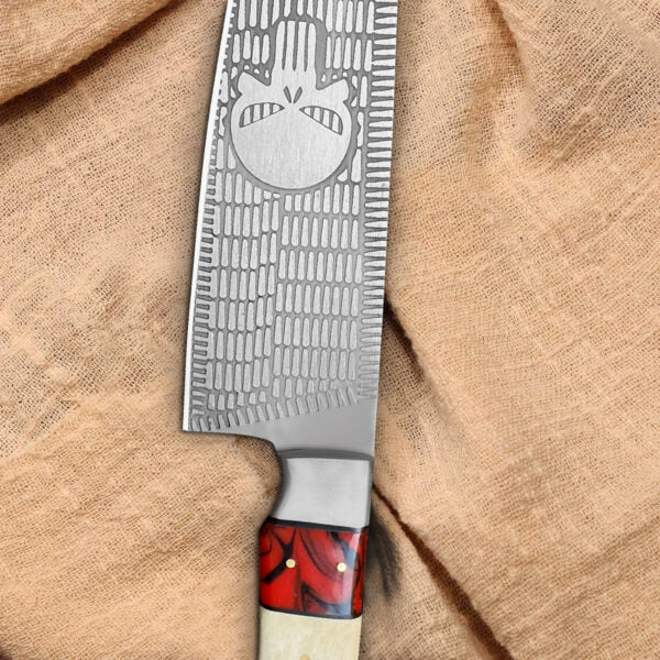 Stainless steel skull chef knife with bone and resin handle and leather sheath – 13 inch