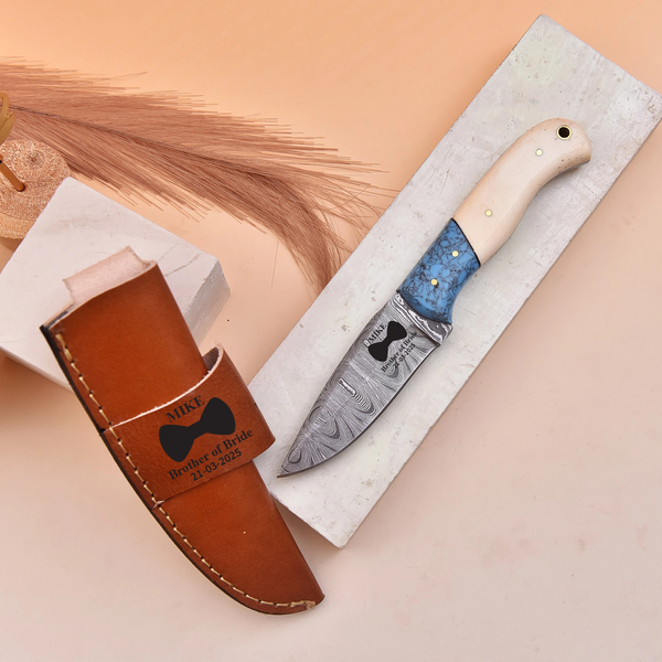 Handmade Damascus Knife with White Bone and Blue Resin Handle and Leather Sheath