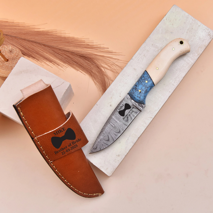 Handmade Damascus Knife with White Bone and Blue Resin Handle and Leather Sheath