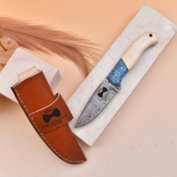 Handmade Damascus Knife with White Bone and Blue Resin Handle and Leather Sheath
