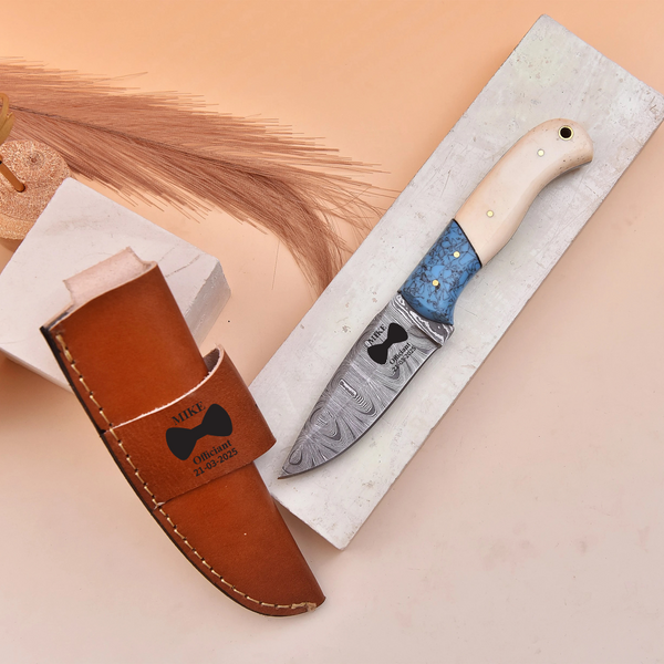 Handmade Damascus Knife with White Bone and Blue Resin Handle and Leather Sheath