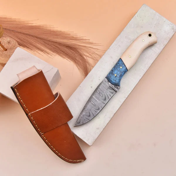 8 inch Handmade Damascus Steel Knife with Bone Handle and Leather Sheath