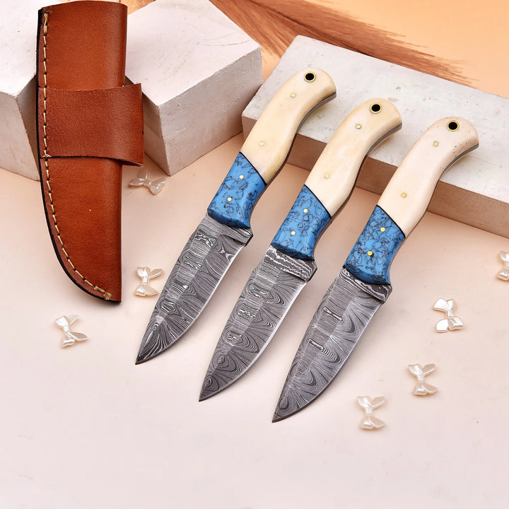 8 inch Handmade Damascus Steel Knife with Bone Handle and Leather Sheath