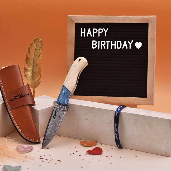 Handmade Damascus Knife with White Bone and Blue Resin Handle and Leather Sheath