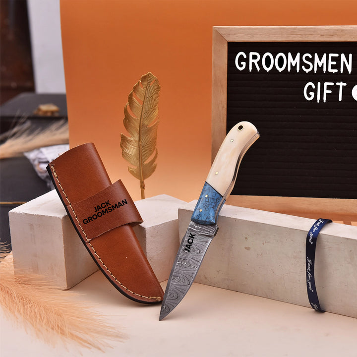 Handmade Damascus Knife with White Bone and Blue Resin Handle and Leather Sheath