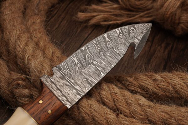 9 inch Handmade Guthook Damascus Steel Hunting Knife with Camel Bone and Walnut Wood Handle and Leather Sheath