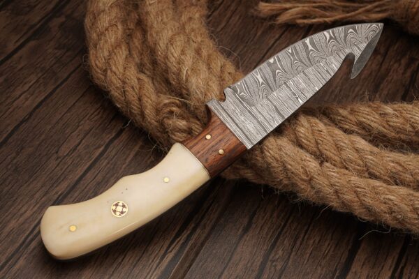 9 inch Handmade Guthook Damascus Steel Hunting Knife with Camel Bone and Walnut Wood Handle and Leather Sheath